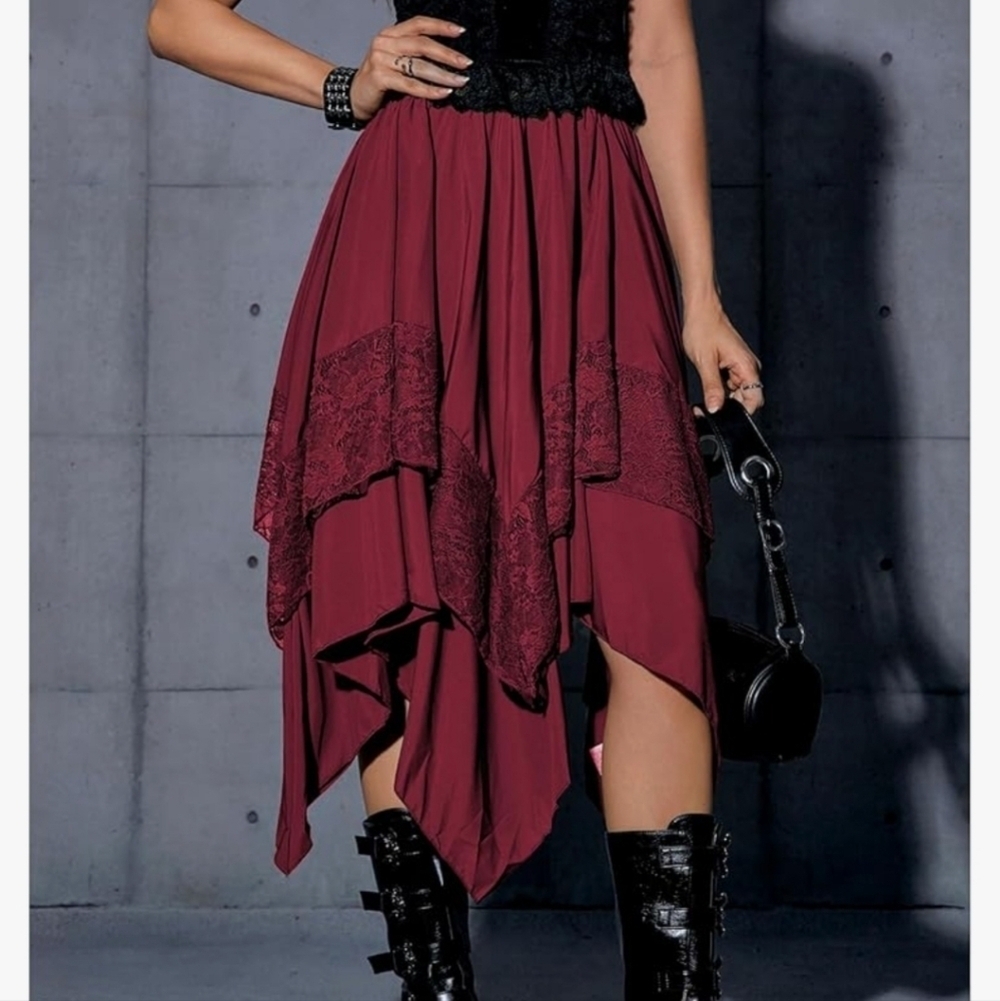 Burgundy Asymmetrical Hi Low Skirt With Lace Detail - Picture 3 of 16